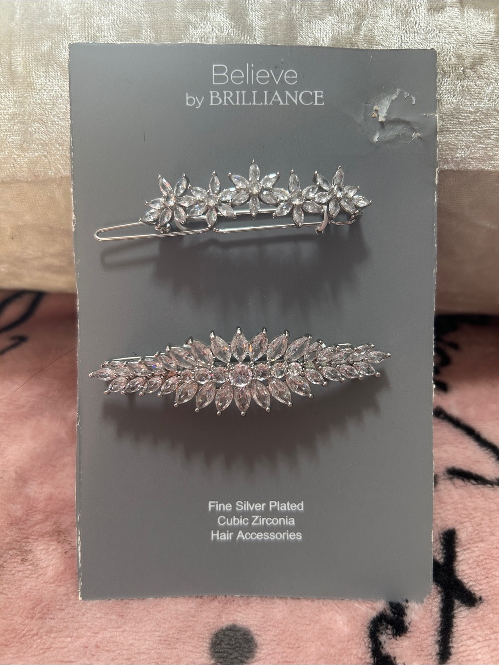 Believe by Brilliance Silver Cubic Zirconia Floral Hair Clips - Clear